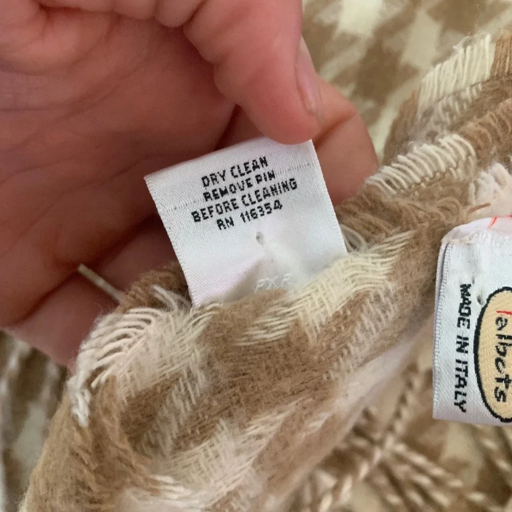 Talbots Houndstooth Wool Blend Scarf Tan Cream Made in Italy Fringe Trim